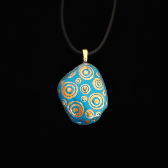 Hand Painted Dot Art Pendant, Turquoise and Gold - Picture 1 of 12